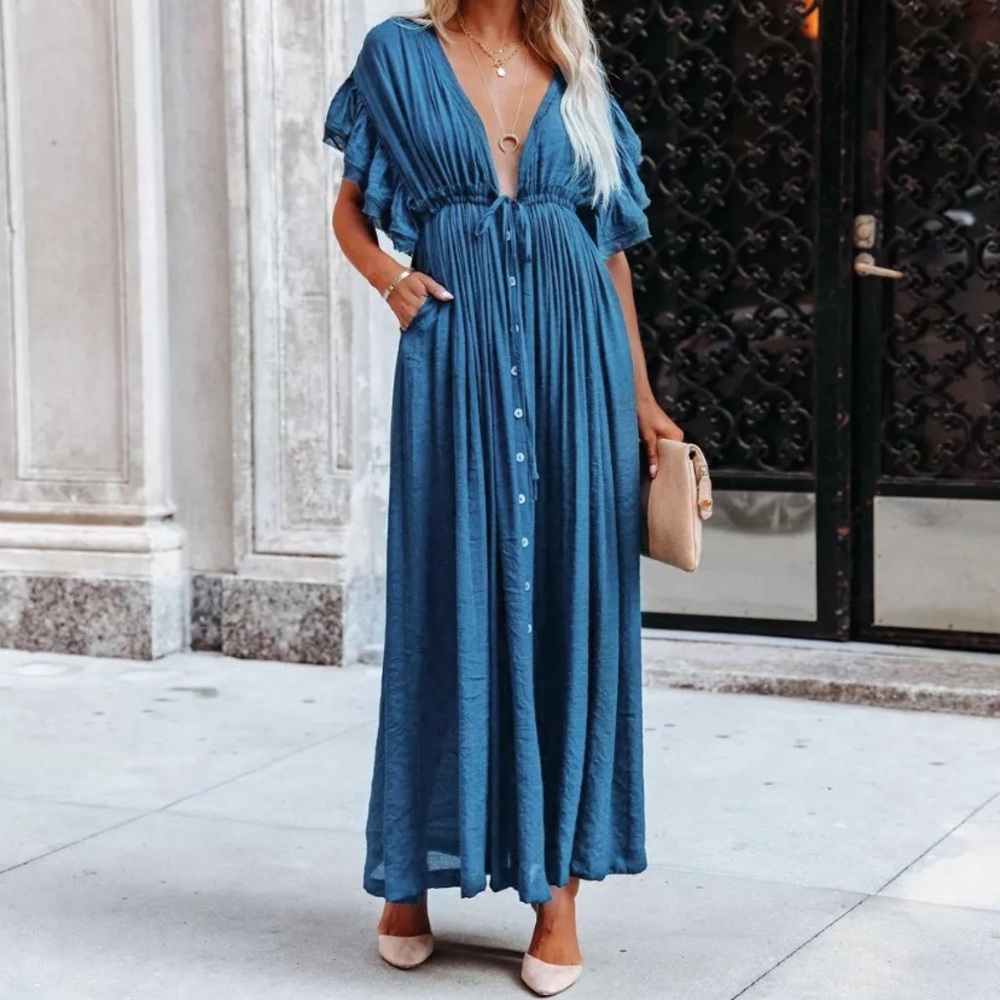 Blue Gauze Boho Button Maxi Dress - Picture 2 of 9